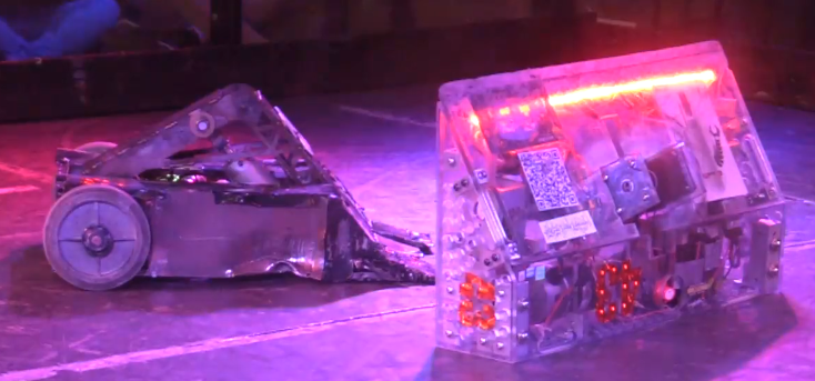 2020 Schaumburg's robot flipped on its side, a crack in the floor clearly visible